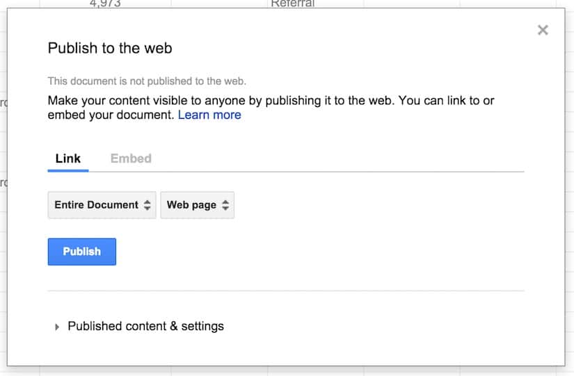 Google Sheets Publish to web