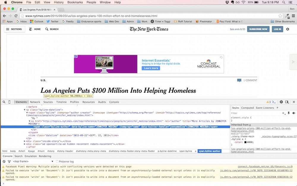 New York Times element in developer console