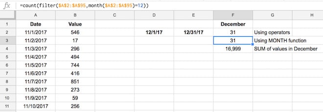 Google Sheets filter function with month