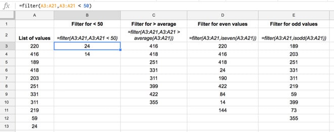 Filter function in Google Sheets