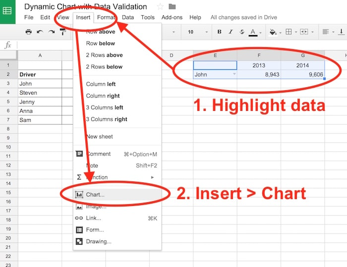 Insert chart menu