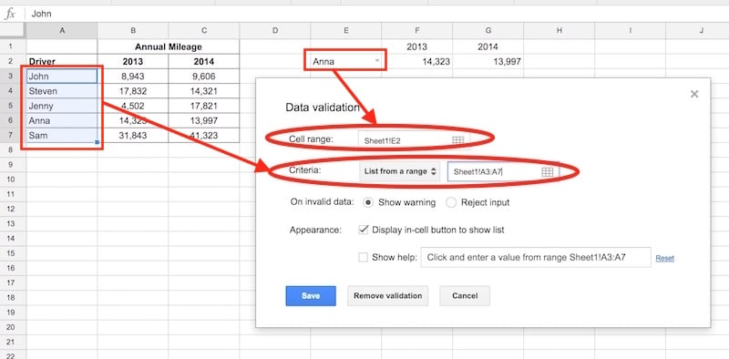 data validation selection menu