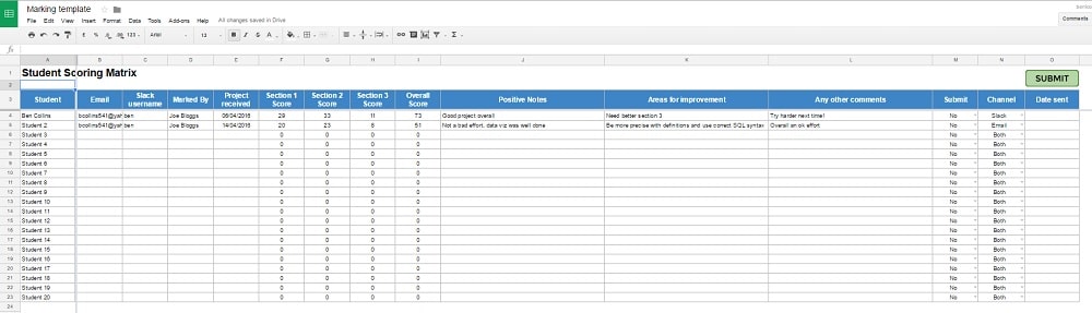 Marking template summary sheet