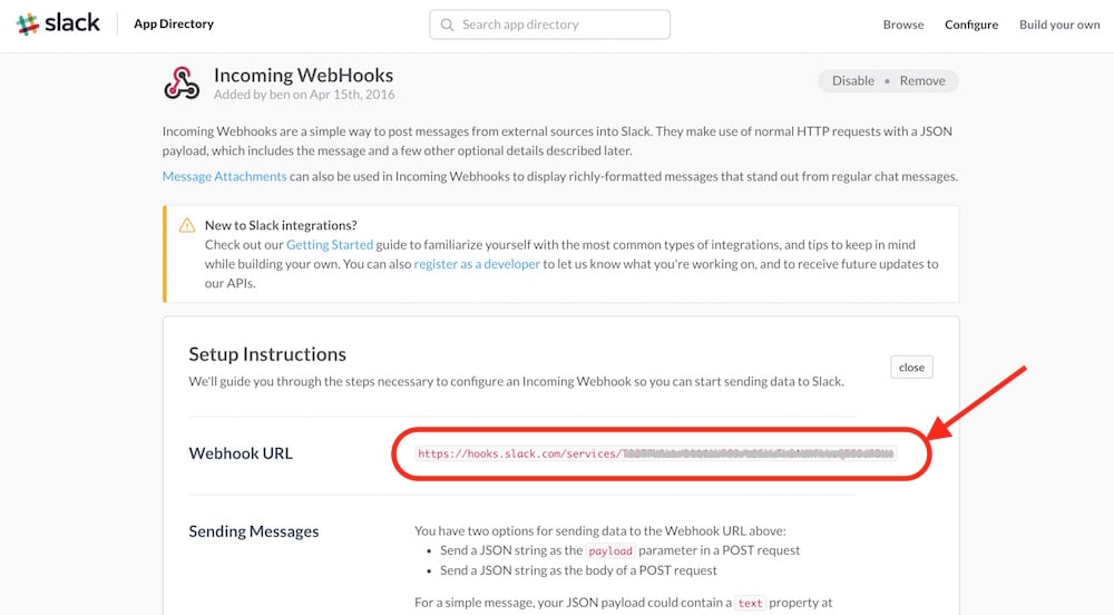 Slack webhook url