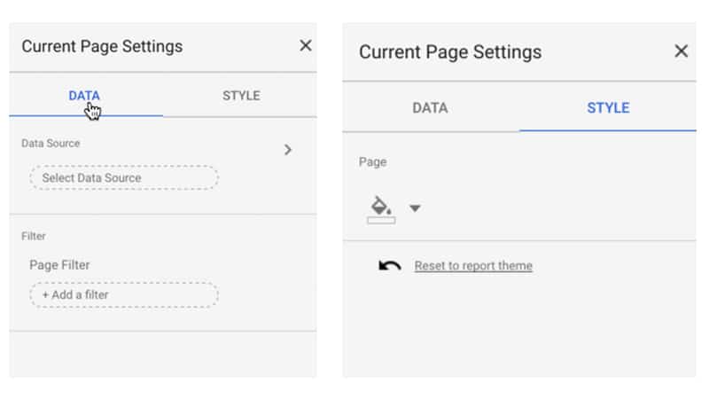 Data Studio current page settings