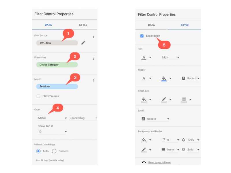 Data Studio Filter Control menus