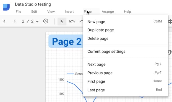 Data Studio page menu