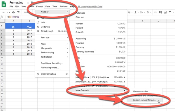 Google Sheets custom number format menu