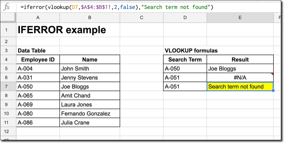 iferror and vlookup Formula parse error example