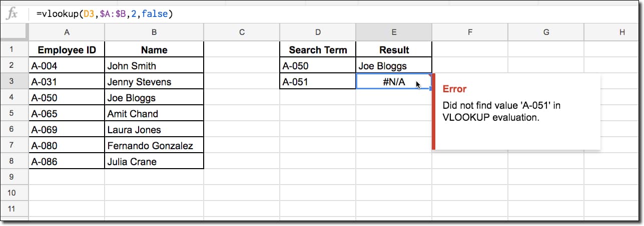 #N/A error in Google Sheets