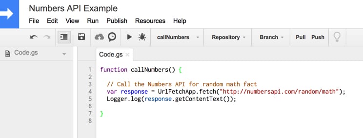 Numbers API Google Apps Script code