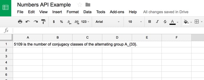 Random math fact from Numbers API in Google Sheet
