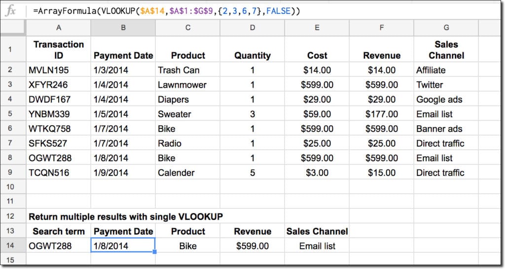 Return multiple values with single vlookup formula in Google Sheets