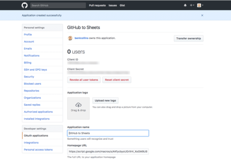 Show data from GitHub's API in Google Sheets, with Apps Script & Oauth