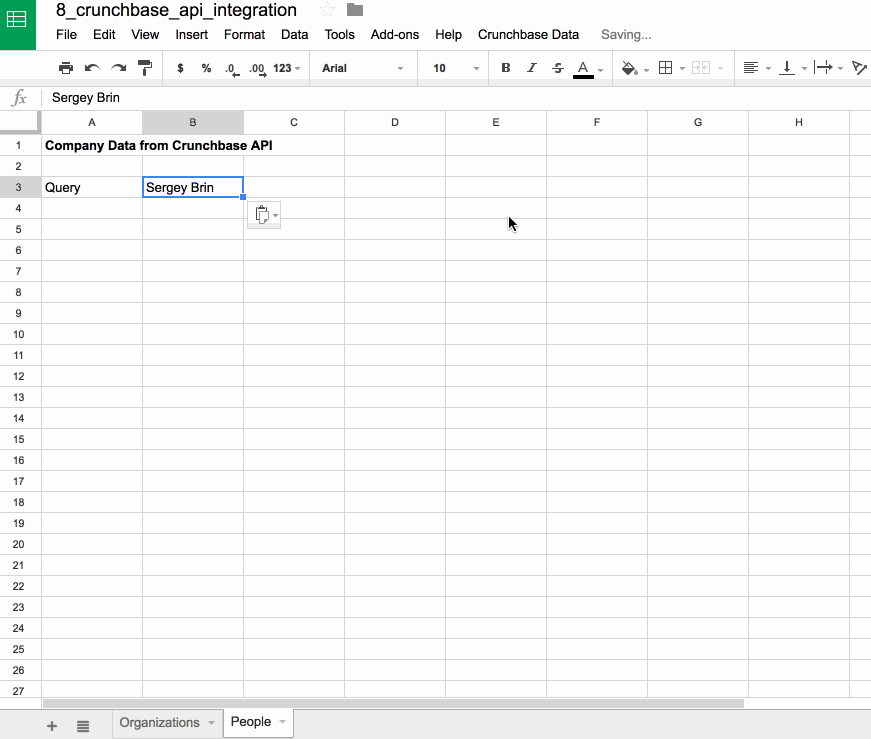 crunchbase people api into Google Sheets