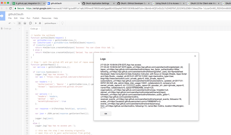 GitHub API with Oauth from Google Sheets