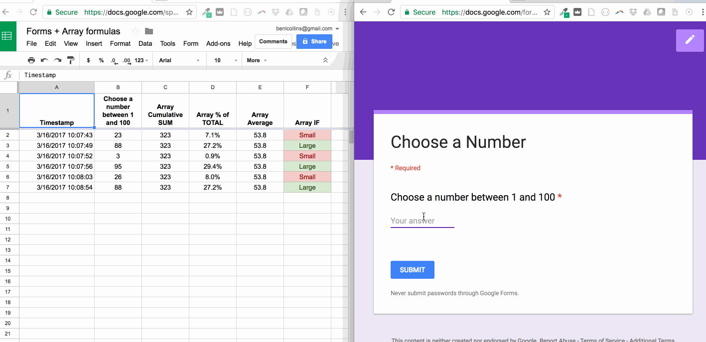 use array formulas with google forms