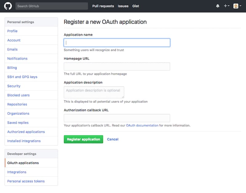 Github register new oauth application