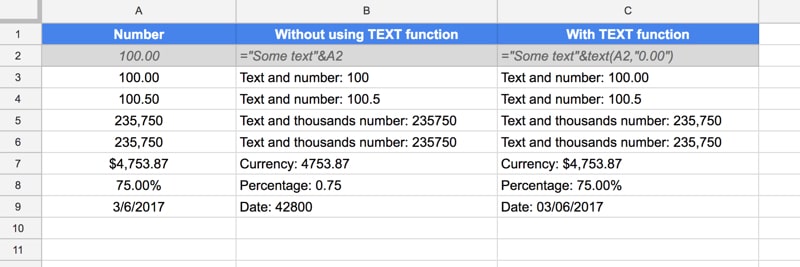 Combining numbers and text in Google Sheets