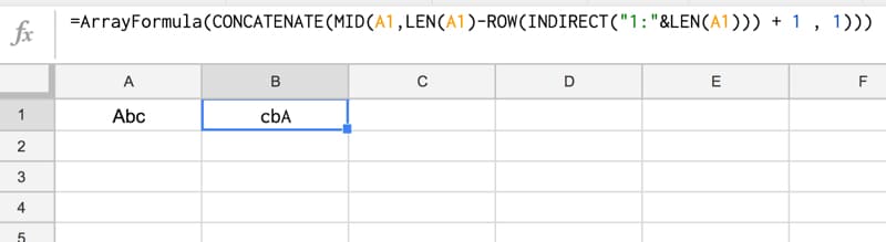 Reverse text in google sheets