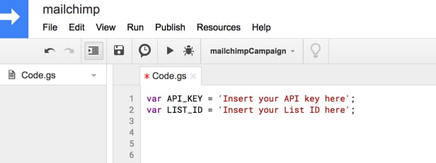 Apps script editor setup for Mailchimp integration