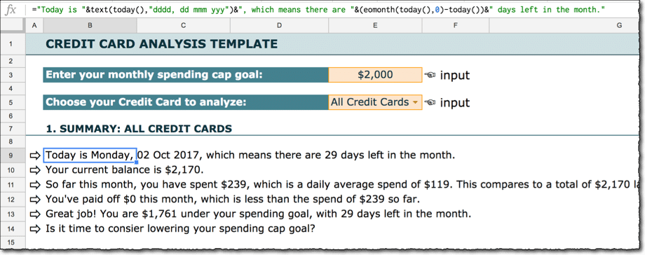 Credit Card budget template text formulas