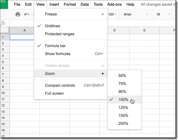zoom in google sheets