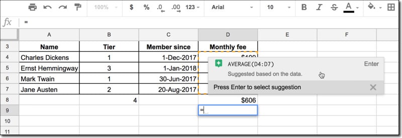 Google Sheets average