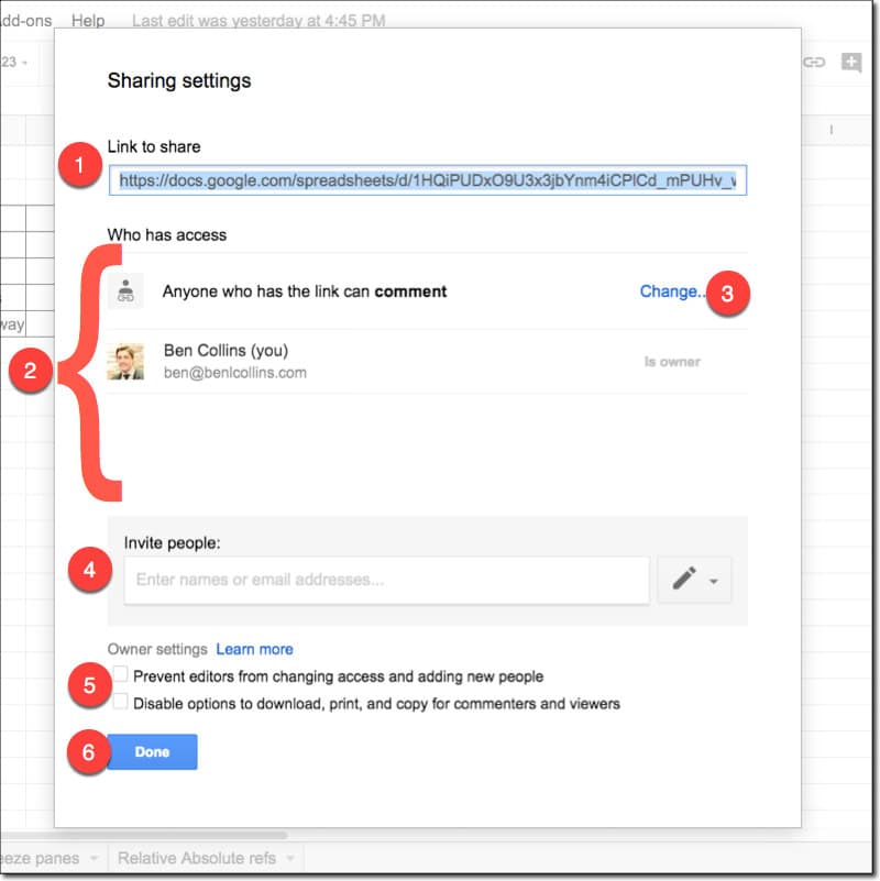 Google Sheets sharing advanced settings