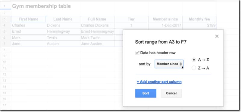 Google Sheets sort range