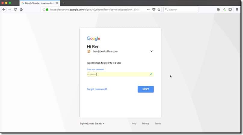How to use Google Sheets: Login screen
