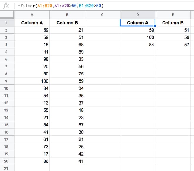 Multiple column filter in Google Sheets