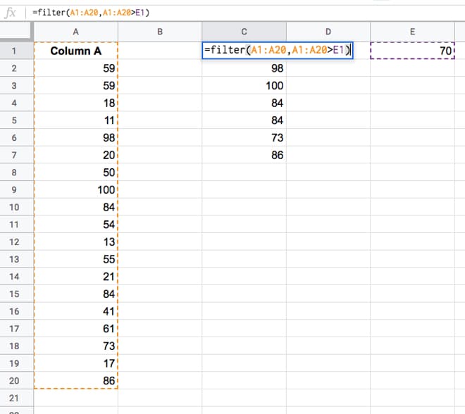 Filter Function Google Sheets Reference Cell