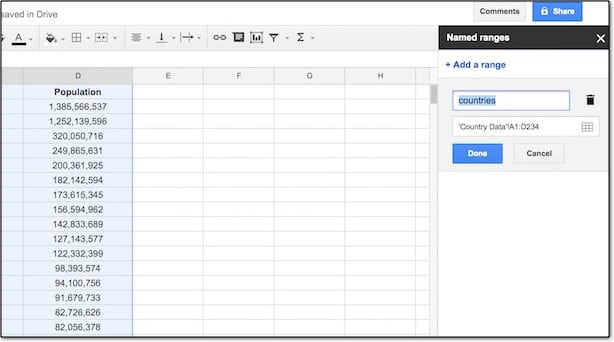 Google Sheets Named range menu detail