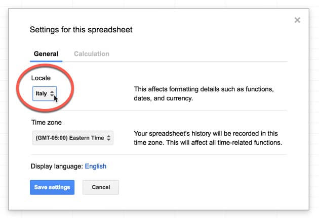 Settings to change Google Sheets location