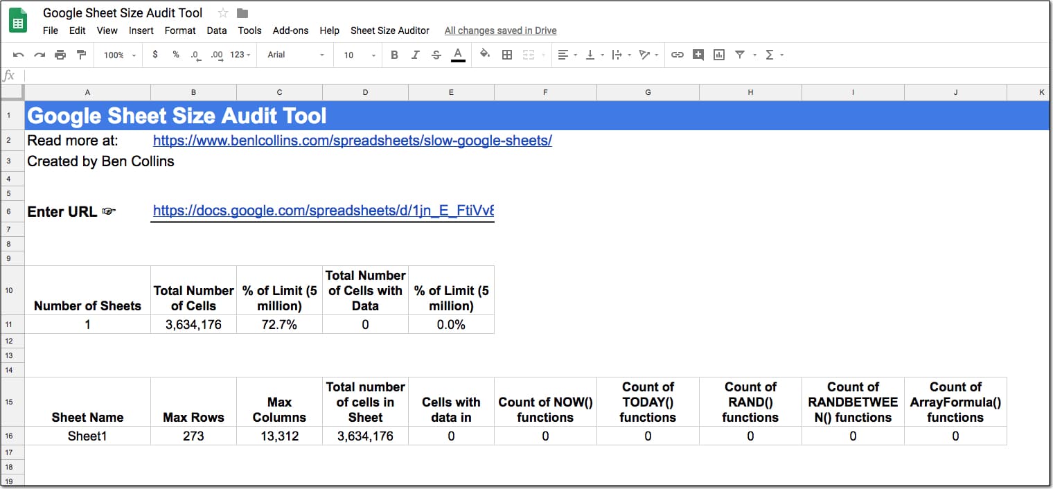 Google Sheets Size Audit tool result