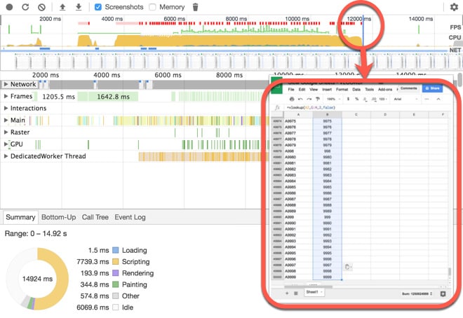 Chrome Developer Tools to test speed of slow Google Sheets