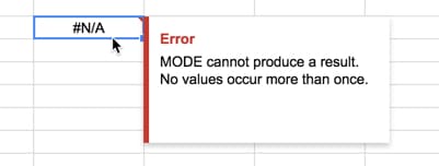 mode function error average in Google Sheets