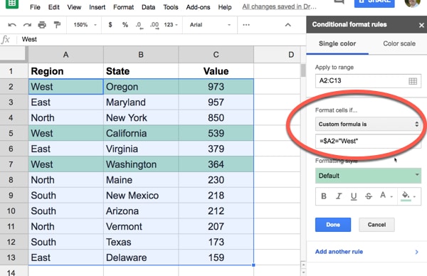 Conditional formatting across an entire row