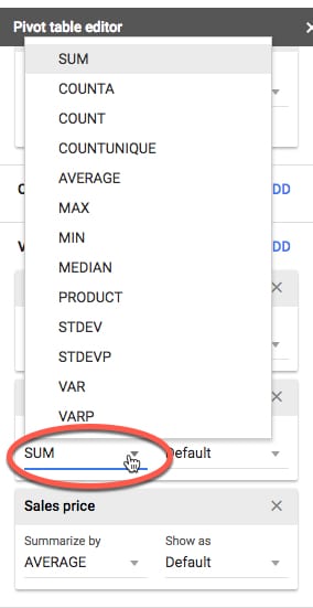 Pivot Table aggregation menu