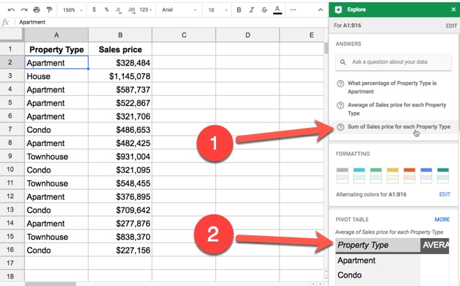 Explore tool in Google Sheets