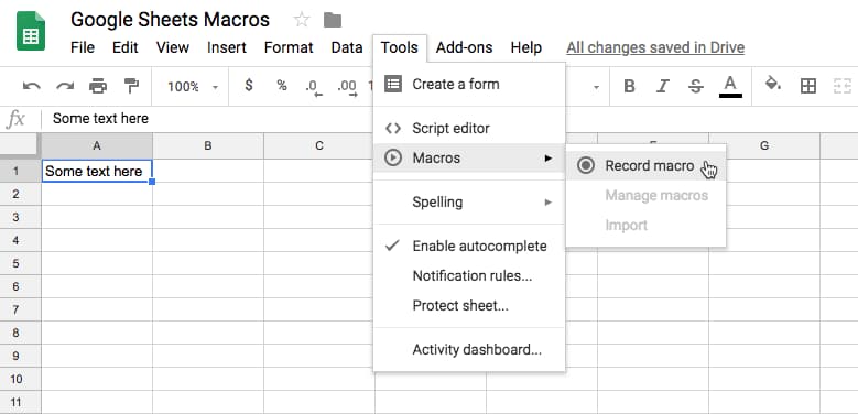 Google Sheets macro menu