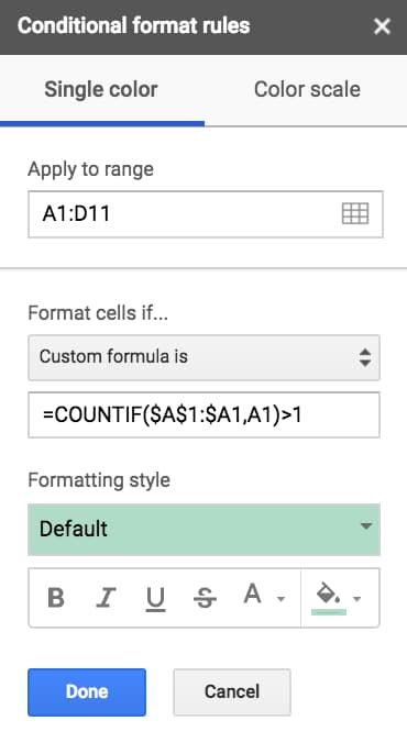 Highlight duplicates in Google Sheets with Conditional Formatting