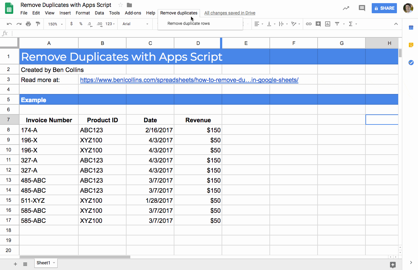 Remove duplicates in google sheets with apps script