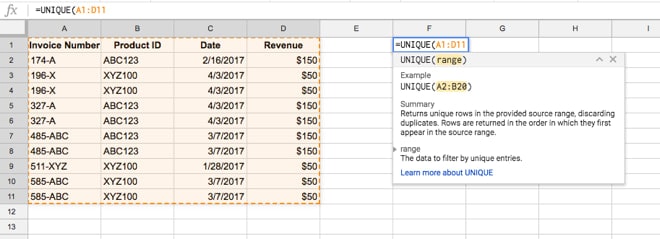 Unique formula to remove duplicates in Google Sheets