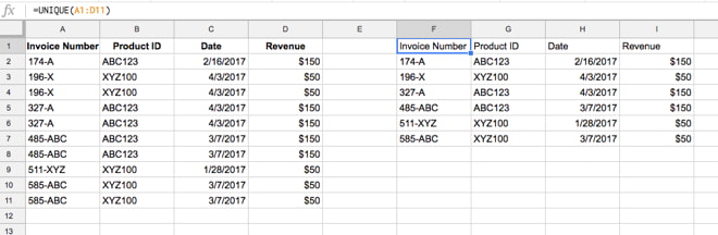 Unique formula to remove duplicates in Google Sheets