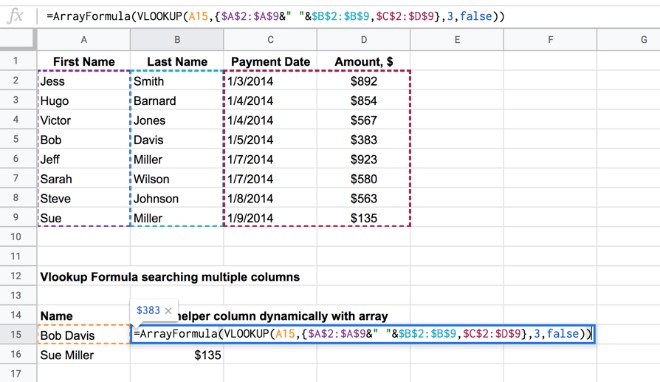 Vlookup multiple columns with array formula in Google Sheets