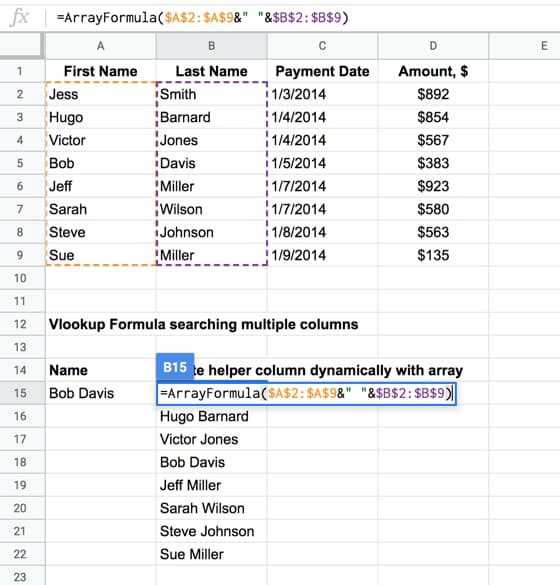 Array Formula inside Vlookup Google Sheets