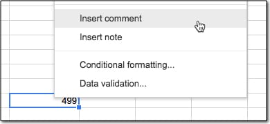 Insert comment in Google Sheets