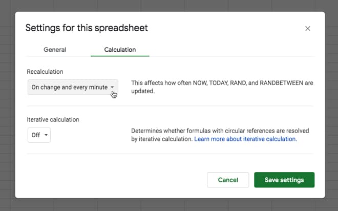 Google Sheet spreadsheet settings